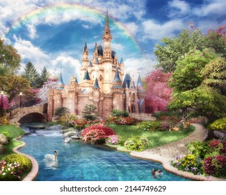 3d image of fairy-tale castle with a pond and swans, a bridge and dense vegetation, a rainbow in the sky 3d rendering
