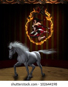 3D  image of a female circus jester jumping through a fiery hoop onto a white horse with a circus background.