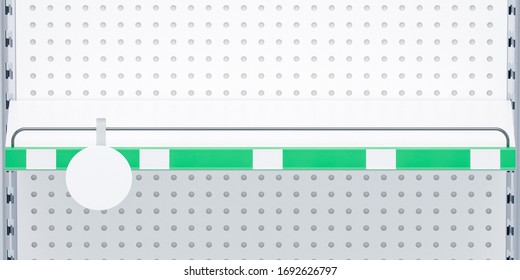 3D Image Front View. White Grocery Retail Shelf With Green Shelf Talker, Round Wobbler And Shelf Protection On Shelving Background Design Template For Mock Up.