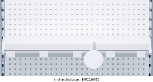 3D image front view. White grocery retail shelf with shelf talker, round wobbler and place for shelf stripe on shelving background design template for mock up.