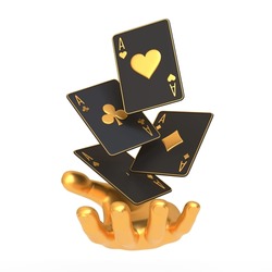 A 3D Image Of A Golden Hand Flipping A Set Of Aces On A White Background, Symbolizing Luck And Wealth In Card Games. 3D Render Illustration