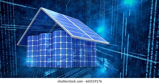 3d Image Of House Made From Solar Panels And Cells Against Illustration Of Virtual Data