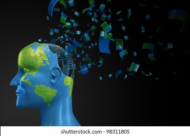 3d image of human head shaped earth exploding into particle
