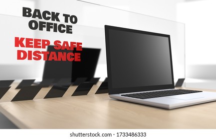 3d Image Of A Laptop On A Desk With Plexiglass Protective Sheet At Workplace, Screen For Keeping Safe From Colleagues, Coworkers In The Office, Acrylic Anti Virus Sneeze Guard, Social Distancing