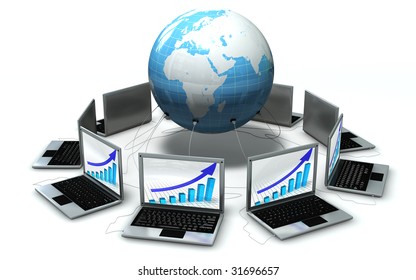 3d image of laptops around a blue globe isolated on white background