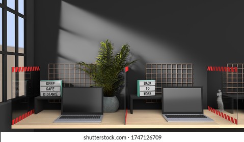 3d Image Of Laptops In The Office With Plexi Glass Protective Sheet, Blank Wall Above, Screen For Keeping Safe From Coworkers, Acrylic Anti Virus Sneeze Guard, Social Distancing