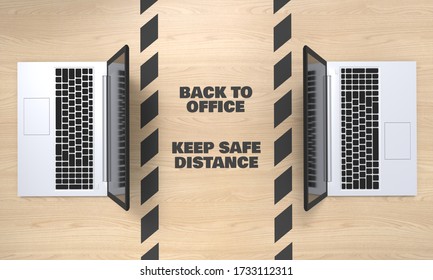 3d Image Of Laptops In The Office With Safety Zone Between Them, Back To Office Conceptual Image, Office Desk With Safety Stripe Tape, Safety Measures At Workplace