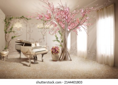 3d image luxury interior with window, piano, pink blossom tree, vintage decor elements, 3d rendering