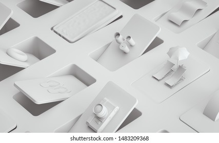 3d image Objects on White Summer beach accessories items Clean swimming pool abstract theme Flip flop display Stylish items pattern