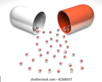 A 3d image of opened pill capsule with red cross tablets.