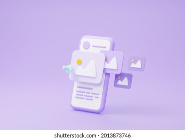 3d image optimization icon, 3D minimal social media with photo gallery on mobile application and mobile web design, user interface optimization for image in website. 3d render on purple background 