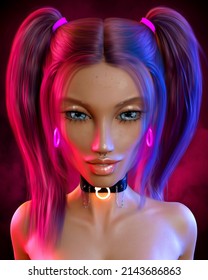 3D image. Portrait of a girl with ponytails on her head in neon lighting