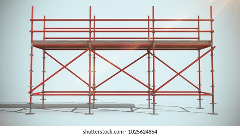 3d image of red metal structure with plank against blue background