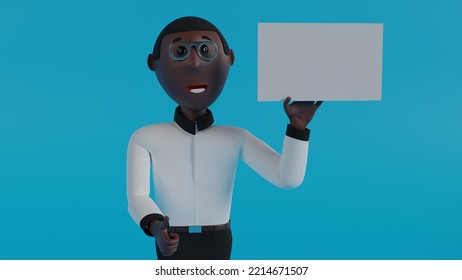 3d image, 3d render of a black man in a business suit with a poster in his hands, copyspace, positive, advertising, attracting attention.