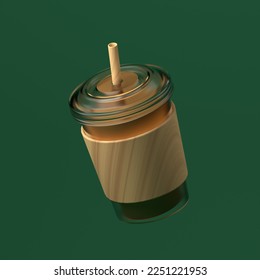3D Image Render Coffee Transparent Plastic Cup and Wood Materials