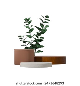 3d image render transparent background of beige ceramics cylinder podium in square with green leaf

