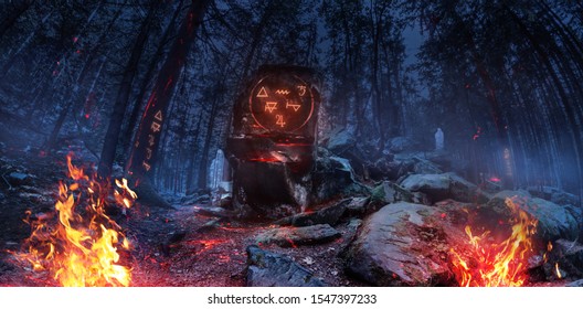 3d Image Of Scary Mysterious Night Witch Forest With Totem, Runes, Bonfires And Fog, Panoramic Wide View.