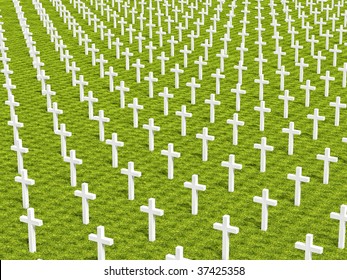 3d Image Of Several White Cross On Green Grass