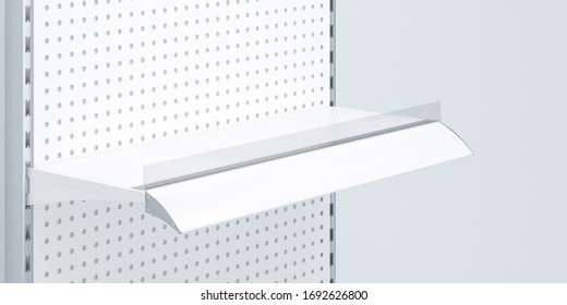 3D Image Side View. White Grocery Retail Shelf With Big Huge Shelf Talker On Shelving Background Design Template For Mock Up. Design For Display Product Object In Supermarket