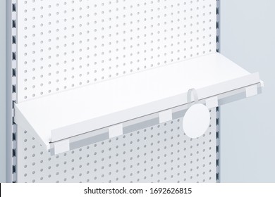 3D Image Side View. White Grocery Retail Shelf With Shelf Talker, Round Wobbler And Place For Shelf Stripe On Shelving Background Design Template For Mock Up.