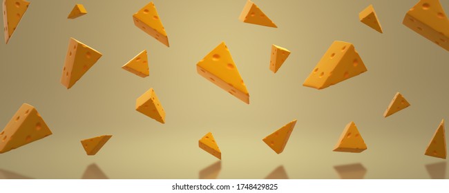 3D image of sliced ​​cheese on a yellow background. Cheese Day. Banner with food. 3D ​​cheese - Powered by Shutterstock