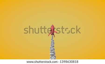 3D image of a space rocket flying up from the spaceport and leaves a trail of smoke in the form of balls of polyhedra. Bottom view. 3D rendering