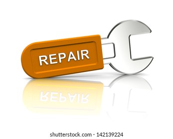 3d image of spanner with repair caption on a white background