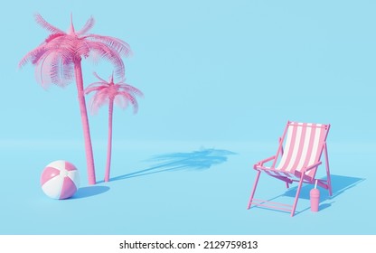 3d Image. Summer Concept. Pink Deck Chair On Blue Studio Background. Beach Palm Trees, Ball. 3d Rendering