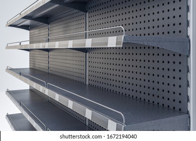 3D Image Of Supermarket Grocery Black Shelving Mockup In Close Up View With Shelf Talkers, Shelf Protection, Price Tags And Place For Shelf Tape