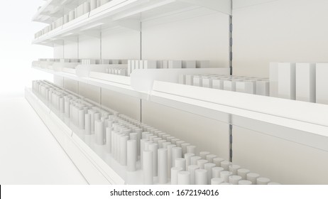 3D Image Of Supermarket Grocery Shelving Mockup In Close Up View With Simple Objects Of Products, Stoppers, Woblers, Shelf Talkers And Place For Shelf Tape