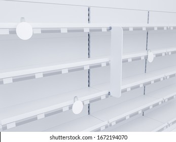 3D Image Of Supermarket Grocery Shelving Mockup In Close Up View With Stoppers, Wobblers, Shelf Talkers And Place For Shelf Tape