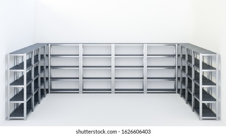 3D Image Of Supermarket Warehouse Racks Staying In A Row In Stock Room On White Isolated Background