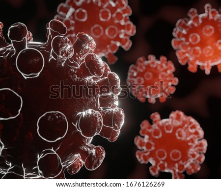 3D image of a virus against the background of other viruses. Coronavirus close-up. 3D rendering.