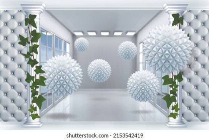 3d image. A wall with columns. 3d indoor balloons. 3d photo wallpapers. Wallpaper for the interior.