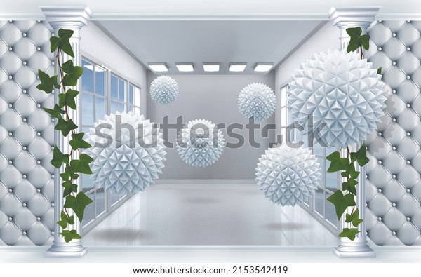 3d image. A wall with columns. 3d indoor balloons. 3d photo wallpapers. Wallpaper for the interior.
