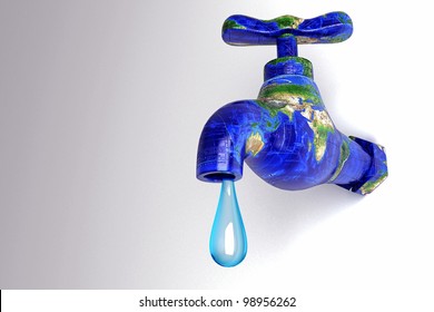 3d Image Of Water Droplet From Earth In Shape Of Faucet Showing Water Conservation Concept