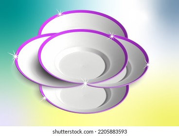 3D image white dishes and violet rims freeform gradient  background
