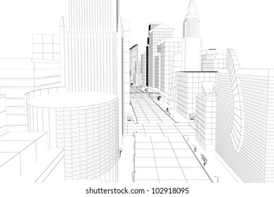 3d Image Of Wire Frame View Of City Scape