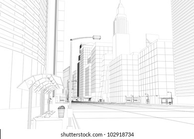 3d Image Of Wire Frame View Of City Scape