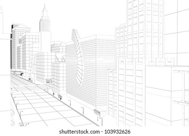 3d Image Of Wire Frame View Of City Scape