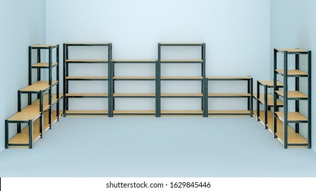 3D Image Of Wooden Supermarket Warehouse Racks With Steel Frame And Random Shelfs Count Staying In A Stock Room On Isolated Background
