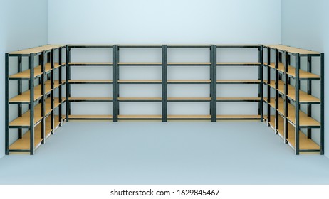 3D Image Of Wooden Supermarket Warehouse Racks With Steel Frame Staying In A Rows In Stock Room On Isolated Background
