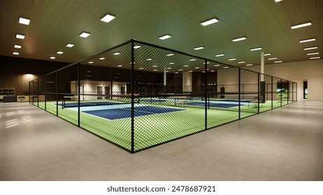 3D indoor pickleball court with blue and green colors for a sports complex illustration - Powered by Shutterstock