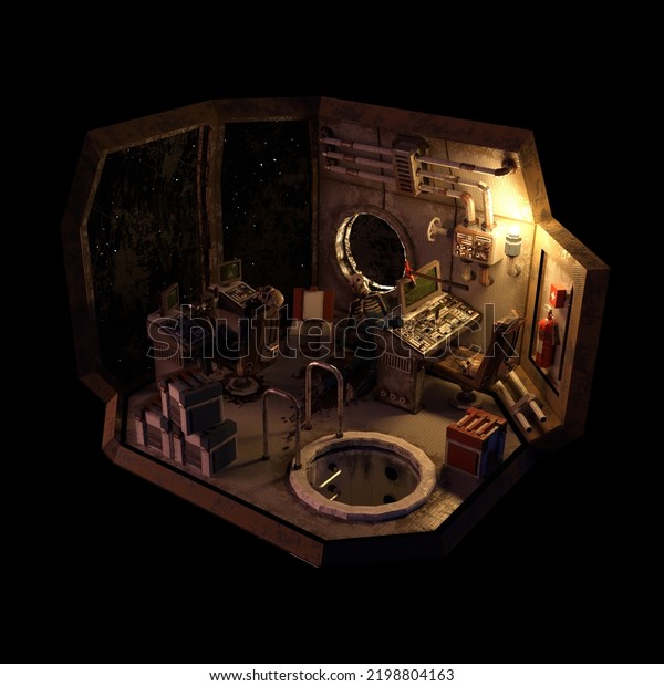 3d Interior Abandoned Rusty Spaceship Cabin Stock Illustration ...