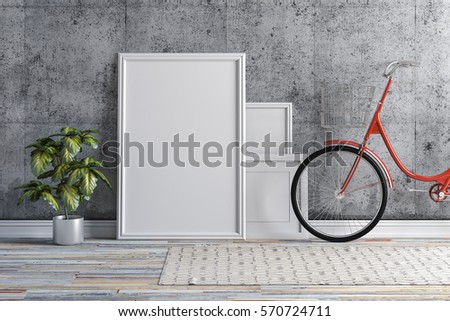 3d interior with blank frame and bicycle