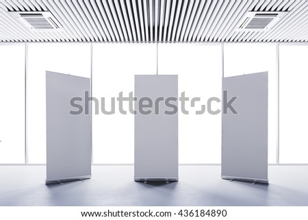 3d interior with  blank white roll up banners