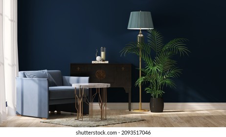 3D Interior Of British Colonial Living Room. A Modern Classic Armchair Beside An Antique Sino-portuguese Cabinet And Luxury Marble Side Table With Areca Palm And Golden Lamp. Cobalt Blue Empty Wall.