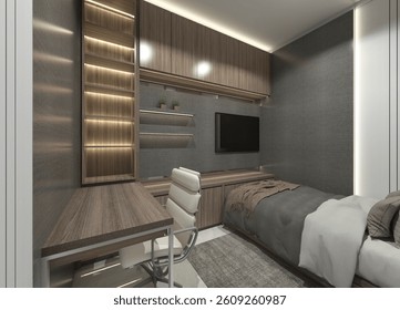 3D Interior Desain Rendering of a bedroom with television cabinet and table desk.