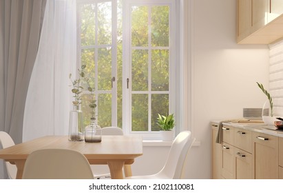 3D Interior Design Of A Warm Wooden Beautiful Kitchen Counter With Cabinet And Family Dining Table Next To A White Bay Window Garden View. Home Concept, Morning Sunlight, Trends, Air Flow, Natural.