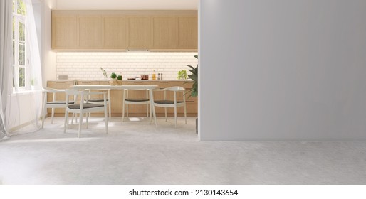 3D Interior Design Of A Warm Wooden Beautiful Kitchen Cabinet Build-in And Family Dining Table By The Window With Blowing Sheer Curtains. Design, Trends, Air Flow, Background, Mockup, Home, Space.